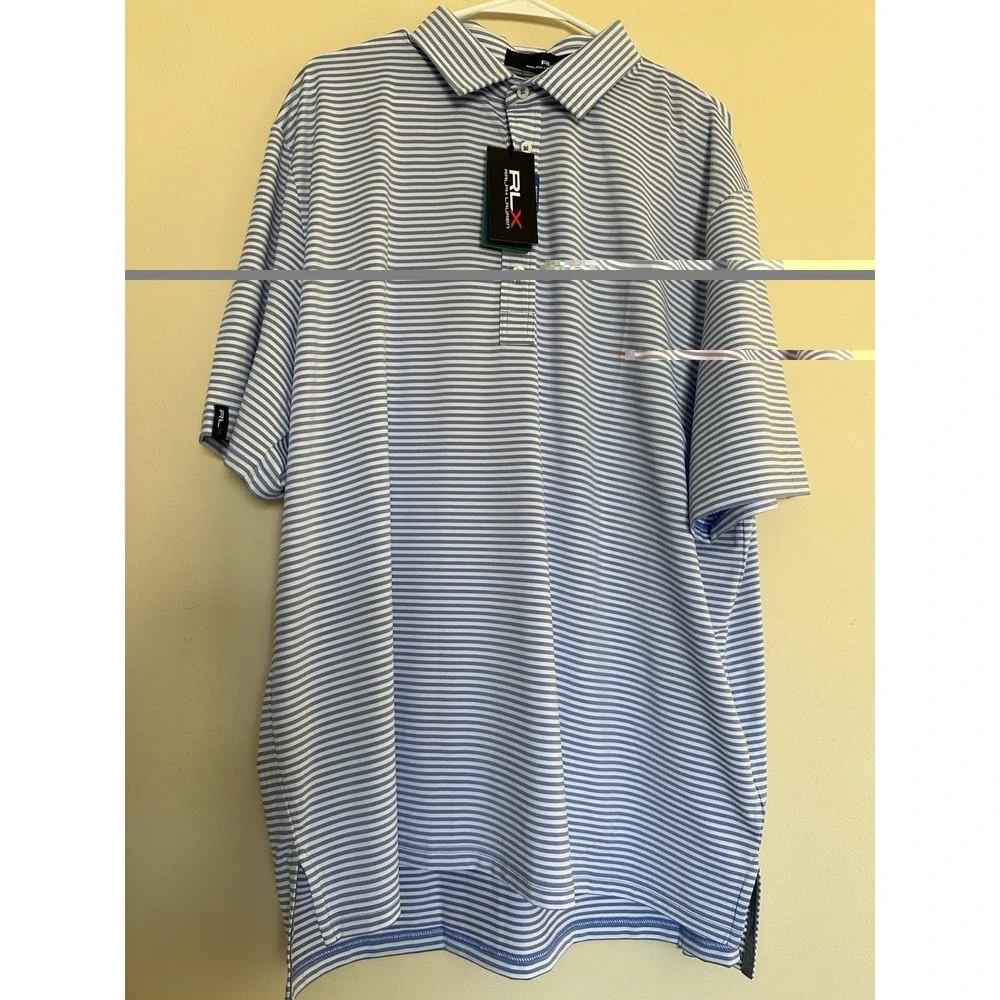 rlx ralph lauren Golf polo shirt mens XXL Blue White Striped Wicking Short‎ Slvs